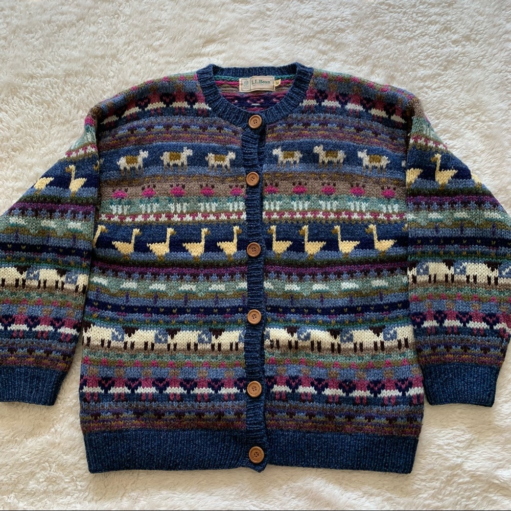 L.L Bean vintage wool animal duck print cardigan - Picture 2 of 10
